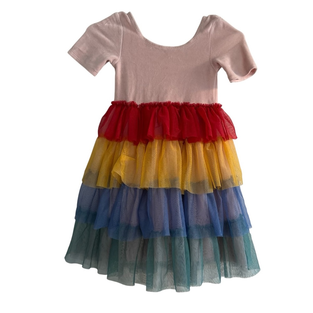 Mini Boden Rainbow Tiered Tulle Party Dress Short Sleeve Velour Top Girls 6-7